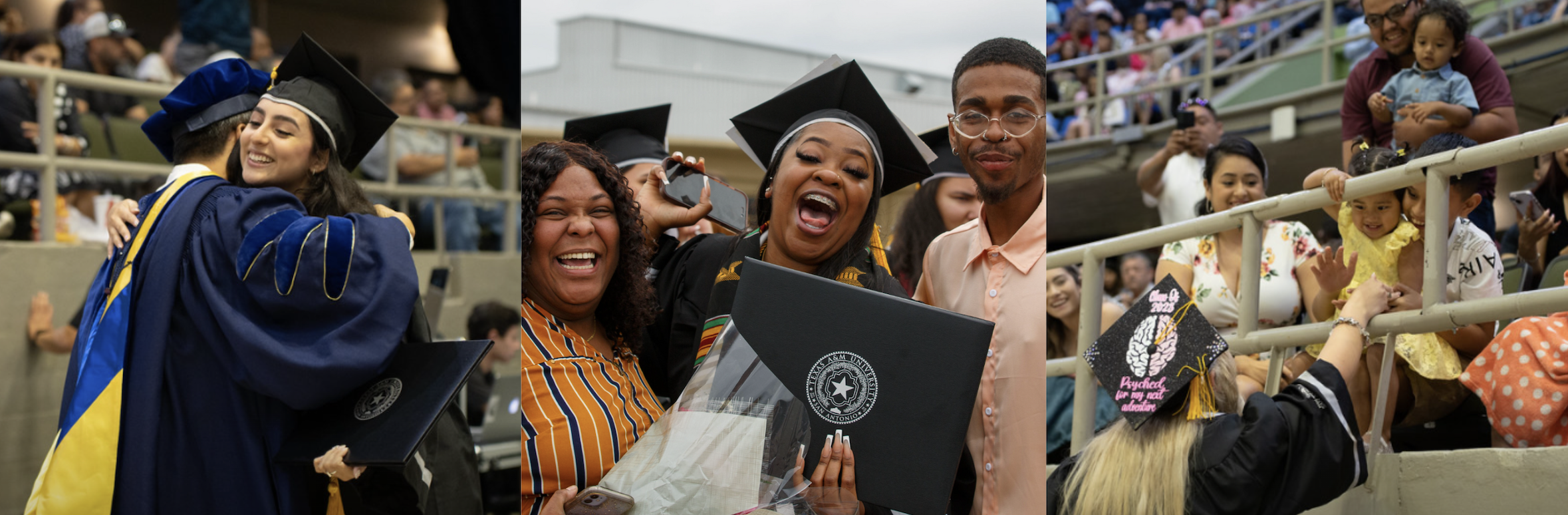 Graduates embrace, pose and celebrate with others.